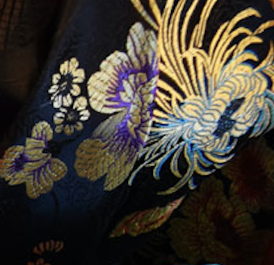 Black with Yellow and Purple Floral Chinese Silk