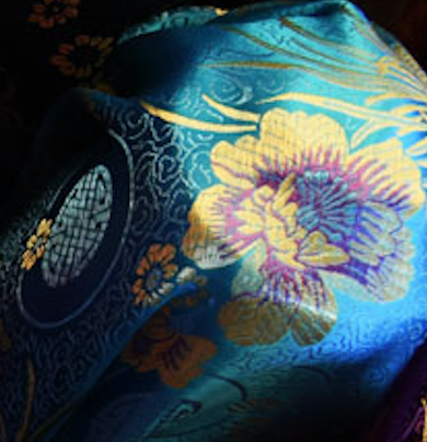 Turquoise with Yellow and Purple Floral Chinese Silk